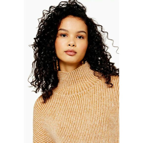 Topshop Sweater Knitted Supersoft Funnel Neck Turtleneck Wide Sleeve Camel NWT - Picture 3 of 8